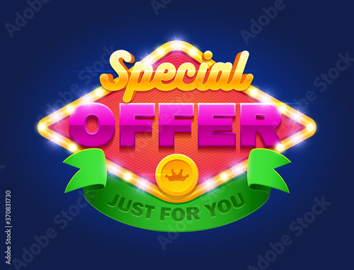 Retro sign with lamp Special offer banner. Vector illustration design with graphic element, emblem, discount, web page, flyer, promotion, application etc.