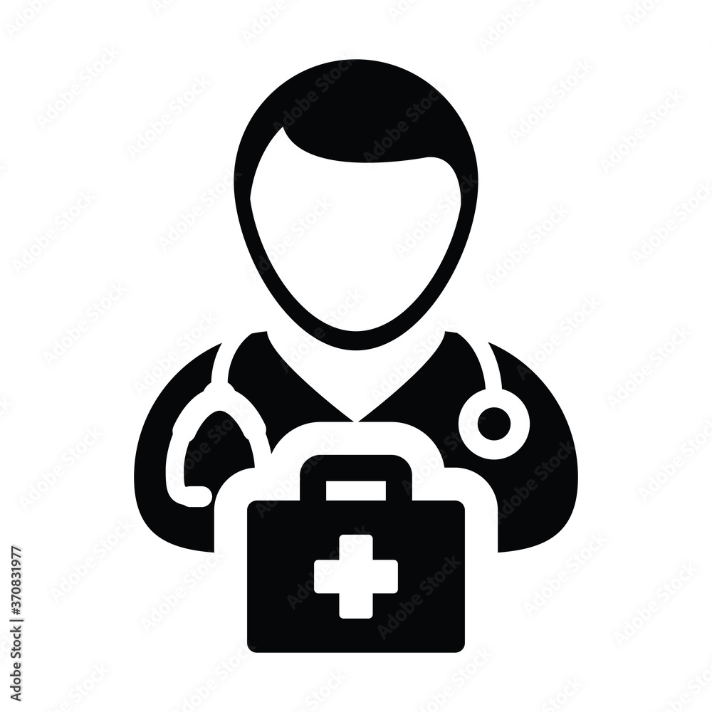 Nurse icon vector male person profile avatar with Stethoscope and first aid kit bag for medical Consultation in Glyph Pictogram illustration Nurse icon vector male person profile avatar with Stethoscope and first aid kit bag for medical Consultation in Glyph Pictogram illustration