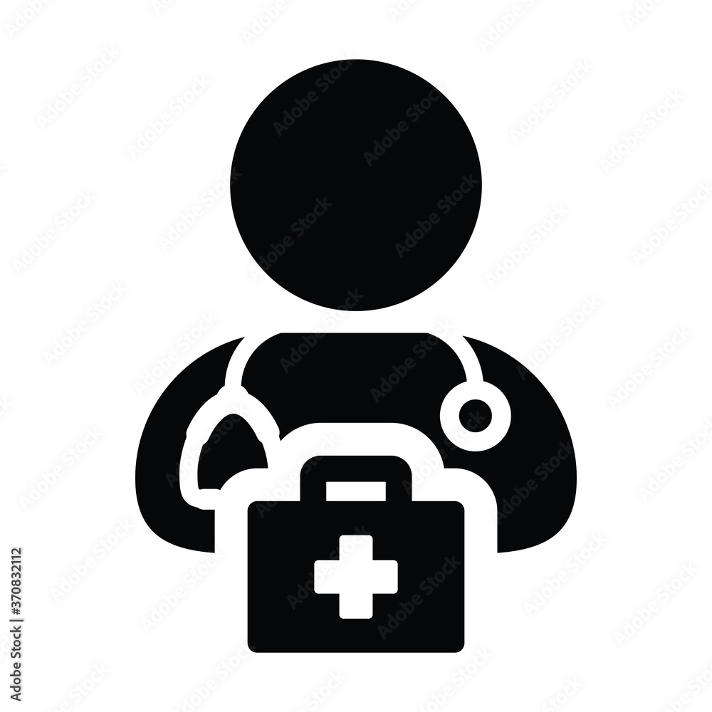 Healthcare icon vector male doctor person profile avatar with Stethoscope and first aid kit bag for Medical Consultation in Glyph Pictogram illustration Healthcare icon vector male doctor person profile avatar with Stethoscope and first aid kit bag for Medical Consultation in Glyph Pictogram illustration