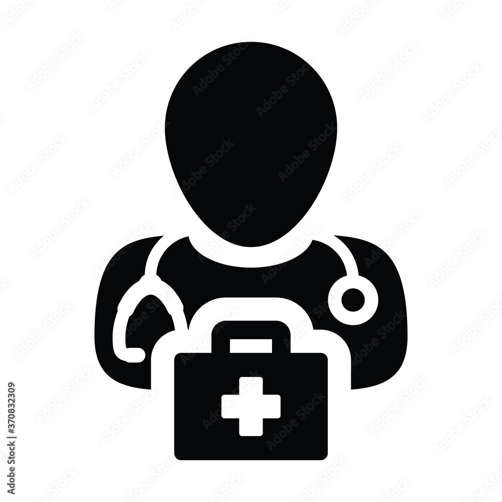 Doctor icon vector male person profile avatar with Stethoscope and first aid kit bag for Medical Consultation in Glyph Pictogram illustration