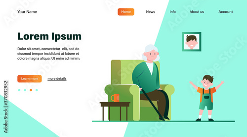 Grandma sitting in armchair and little grandson smiling. Kid, boy, generation flat vector illustration. Family and parenting concept for banner, website design or landing web page