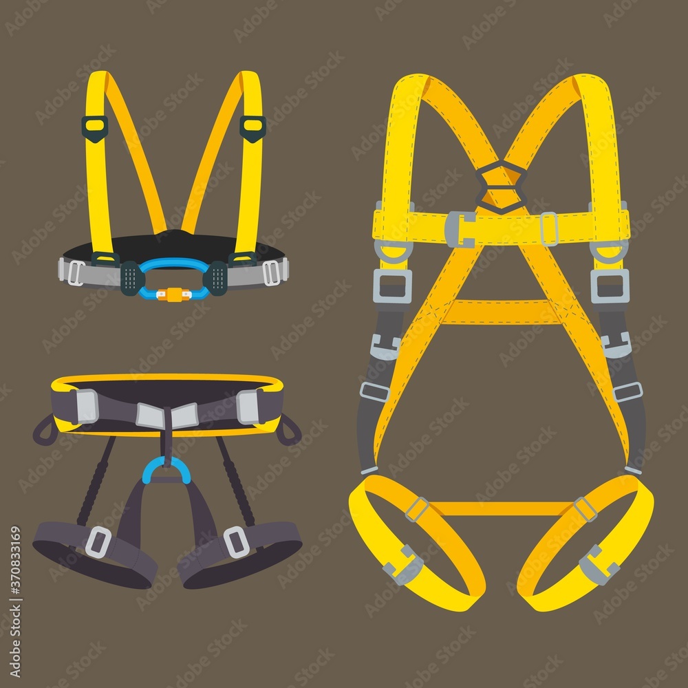 Safety harness fall protection set. Climbing, mountaineering, abseiling or rappelling  gear. Industrial or construction safety seat belt, chest and full body  types. Vector illustration. Stock Vector