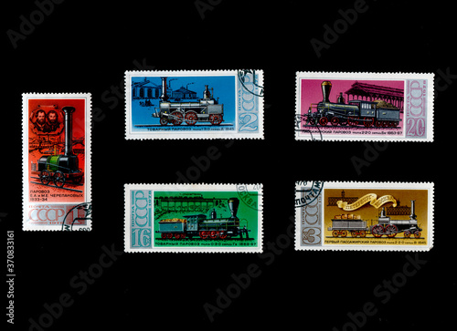 stamps printed in USSR of different types of steam locomotives of 19th century