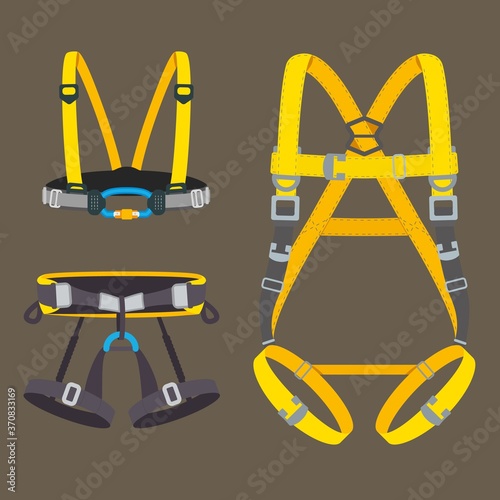 Safety harness fall protection set. Climbing, mountaineering, abseiling or rappelling gear. Industrial or construction safety seat belt, chest and full body types. Vector illustration. photo