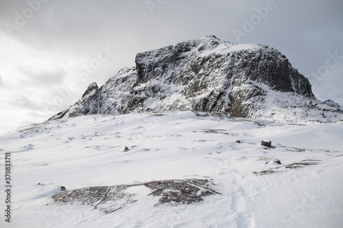 Snowy mountains in the Lofoten Islands. 