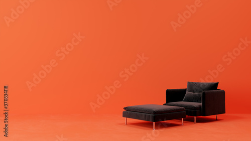black leather armchair in the abstract orange interior, empty wall concept