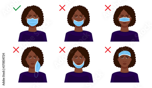 Explanation of how to wear a medical mask on your face correctly. Rules for protection during a coronavirus pandemic.