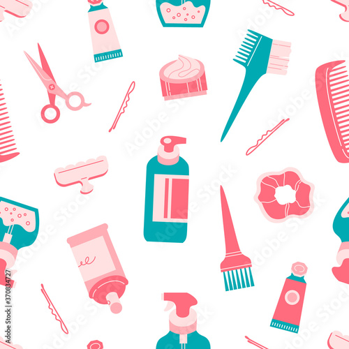 Hair care tools and accessories seamless pattern on white.