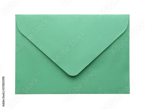 Green paper envelope isolated on white. Mail service