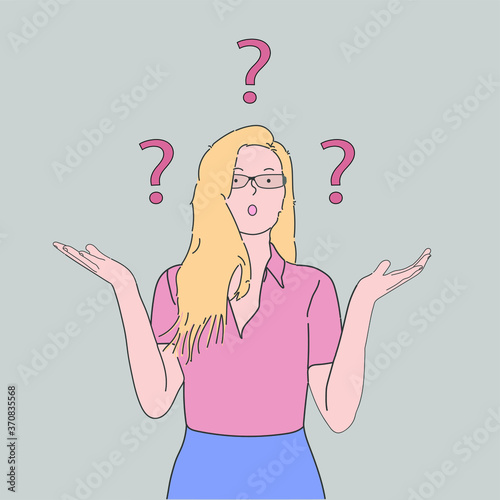 The woman is in thought and confusion, looking for an answer to the question, puzzled by the problem, the gesture - shrugs and shrugs. Vector illustration.