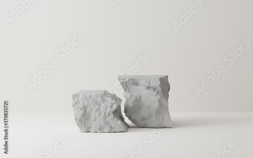 3D Gray stone podium display set. Copy space white background. Cosmetics or beauty product promotion mockup.  Natural rough grey rock step pedestal. Trendy minimalist banner, 3D render illustration. photo