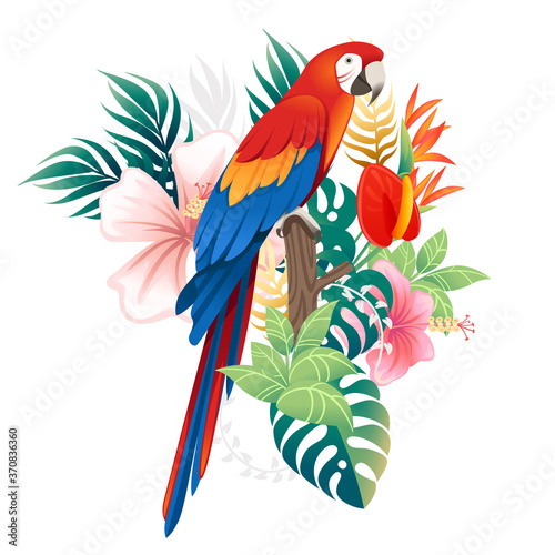 Cute Macaw parrot sit with green leaves and red flower head cartoon animal design flat vector illustration isolated on white background