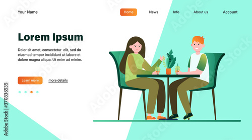 Young couple sitting in cafe and drinking bubble tea. Date, love, coffee flat vector illustration. Relationship and family concept for banner, website design or landing web page