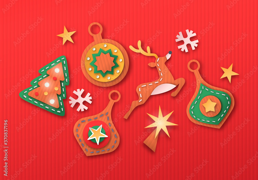 Merry Christmas 3D paper cut decoration icon set