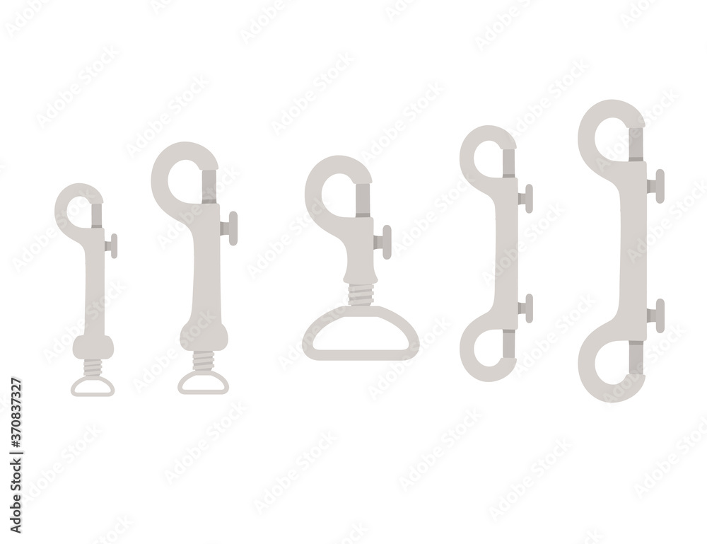 Big set of metal claw clasps alpine climbing equipment flat vector illustration isolated on white background Big set of metal claw clasps alpine climbing equipment flat vector illustration isolated on white background