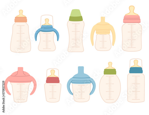Set of plastic transparent baby bottles with silicone nipples for feeding newborns flat vector illustration isolated on white background © Alfmaler