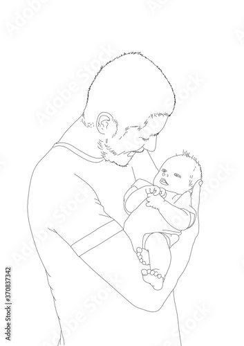 Niepowtarzalna więź ojca z dzieckiem - zachwycony tatuś trzyma na rękach noworodka - grafika - prosta linia - minimalizm