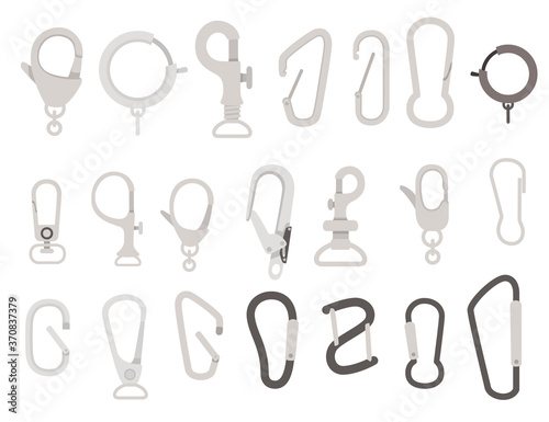 Big set of metal climbing carabiners and claw clasps alpine climbing equipment flat vector illustration isolated on white background photo