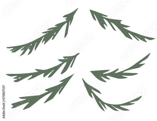 Green simple silhouette set of spruce branch for flat vector illustration isolated on white background