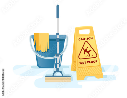 Group of cleaning tools wet floor sign mop bucket cleaning supplies flat vector illustration on white background