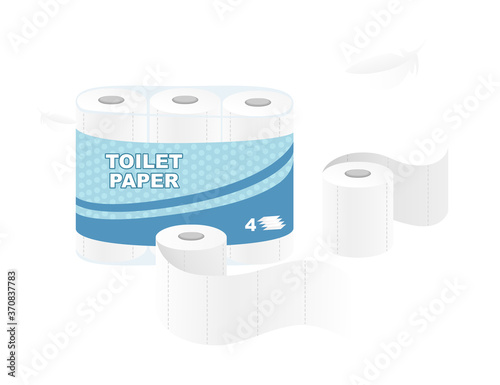 White roll disposable toilet paper pack design paper roll package with soft layers flat vector illustration isolated on white background
