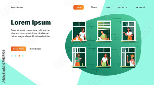 Apartment building with people in open window spaces. Neighbors drinking coffee, talking, using cell. Vector illustration for block of flat, condo, neighborhood, community, house friendship concept