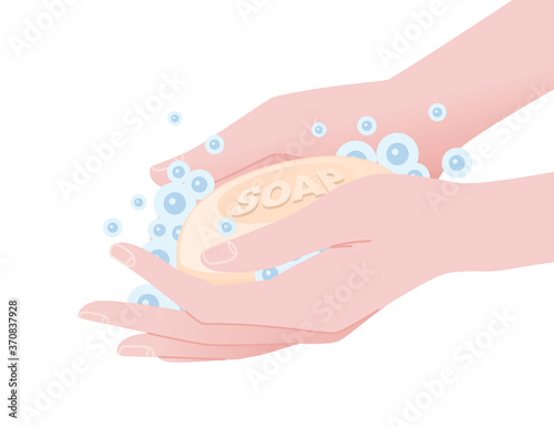Illustration of person washing hands with soap bar water and bubbles healthcare hygiene procedure flat vector on white background