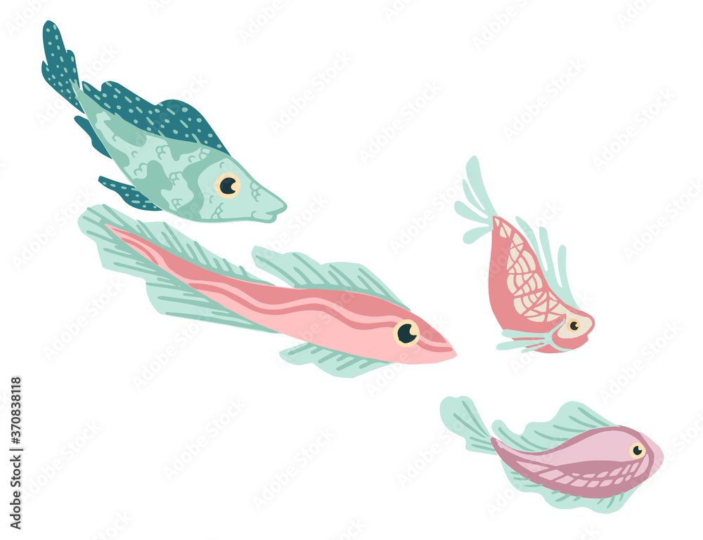 Set of sea exotic fishes flat vector illustration isolated on white background