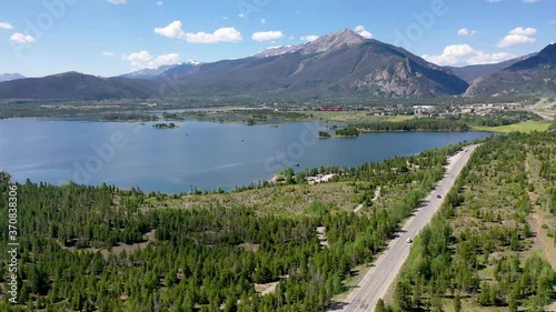 aerial drone view over lake in Colorado