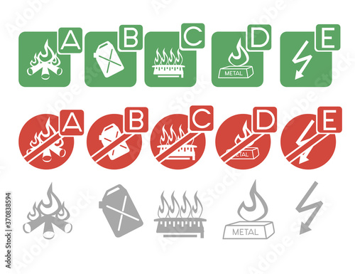 Set of safety labels permissions and prohibitions where to use a fire extinguisher flat vector illustration isolated on white background