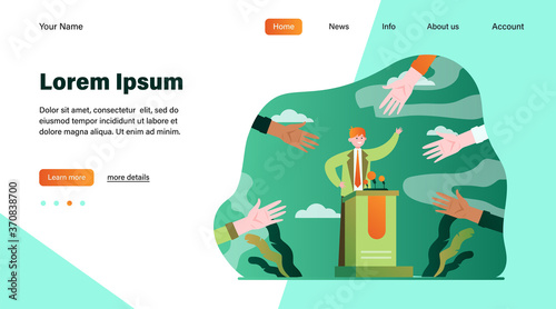 Candidate election campaign. Hands of voters pointing at politician flat vector illustration. Political leader, voting, referendum concept for banner, website design or landing web page