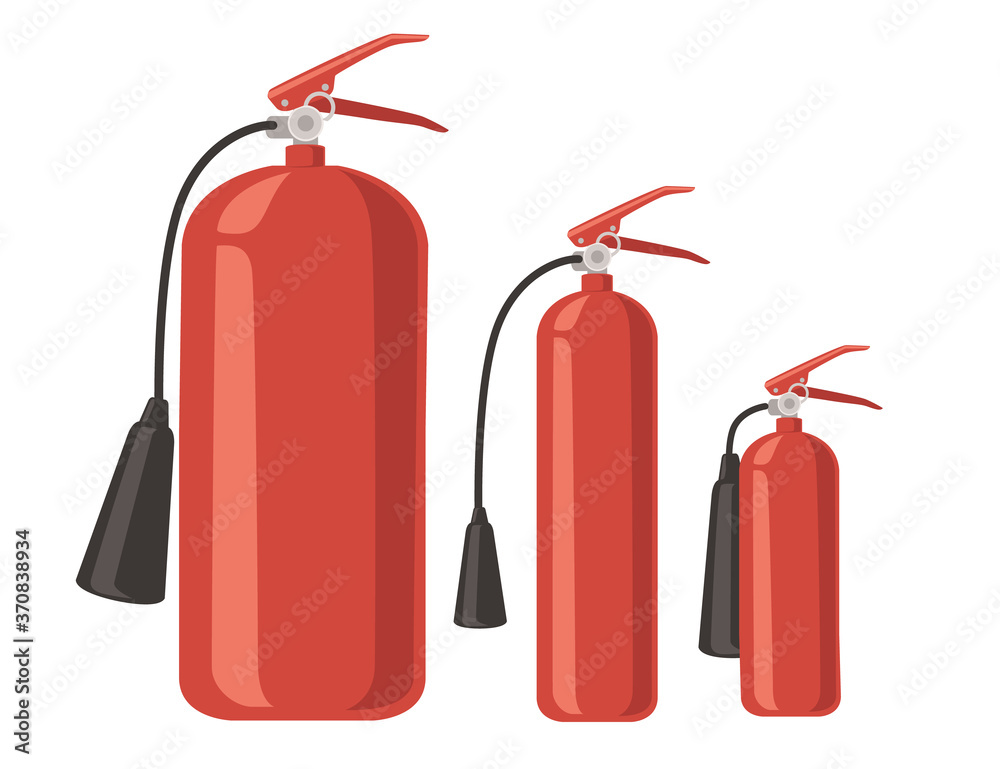 Obraz premium Set of different size fire extinguisher fire-fighting equipment flat vector illustration on white background