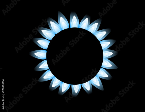 Top view on gas stove burner gas blue flame flat vector illustration on black background