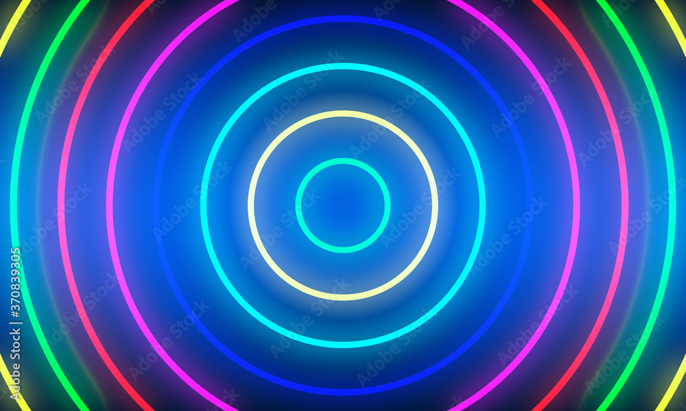 Abstract colorful neon light circles background.