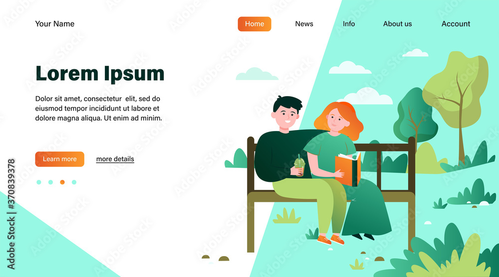 Happy couple sitting on bench in park. Date, love, book flat vector illustration. Relationship and family concept for banner, website design or landing web page