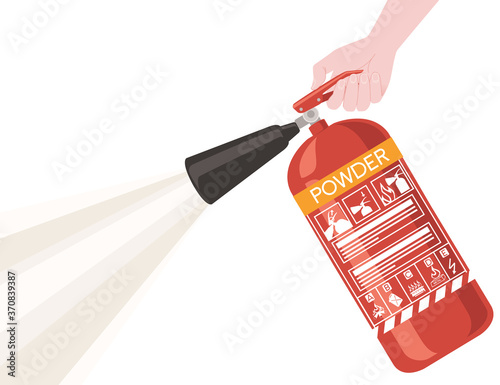 Hand hold and use powder fire extinguisher with safe labels simple tips how to use icons flat vector illustration on white background