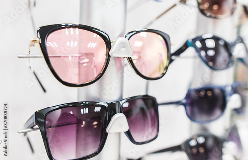 Sunglasses sold in optical salon, close up, sunglasses collection