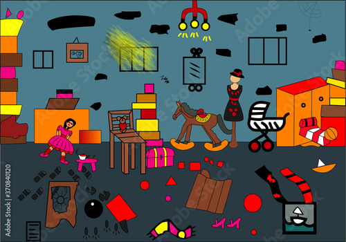 Dibujo infantil de un desván con juguetes