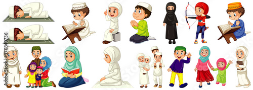 Set of different muslim people cartoon character isolated on white background