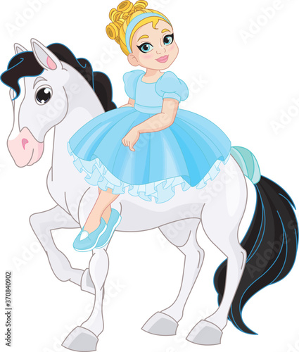 Little toddler girl Cinderella sitting on horse