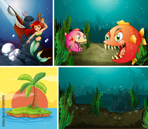 Four different scene of tropical beach and mermaid underwater with sea create...