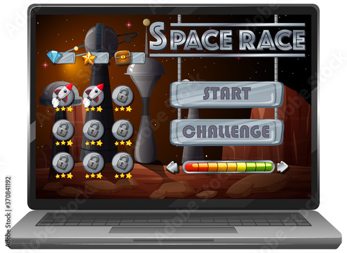 Space adventure mission game on laptop screen