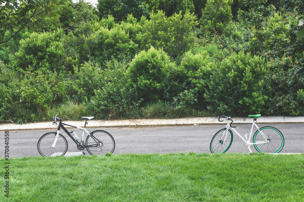 Fototapeta premium Two modern road bicycles parked on a lawn next to the road