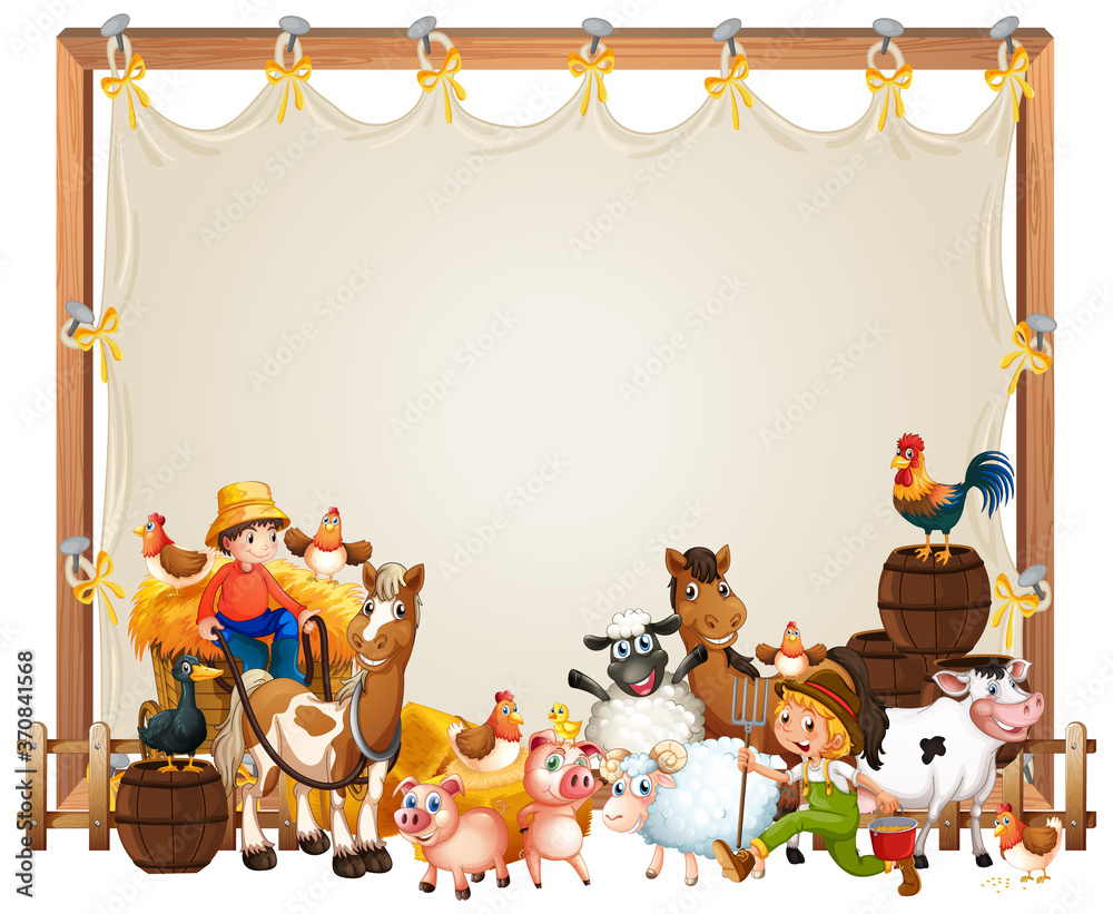 Fototapeta premium Canvas wooden frame template with animal farm set isolated