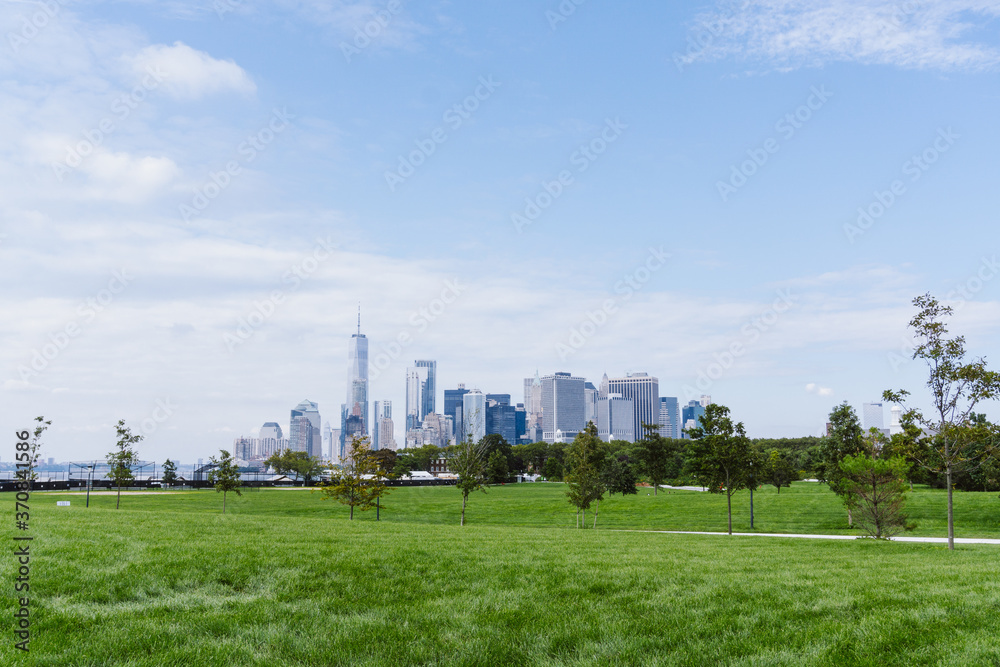 A view of Financial district in Lower Manhattan seen from Governors Island. Aerial of downtown Manhattan