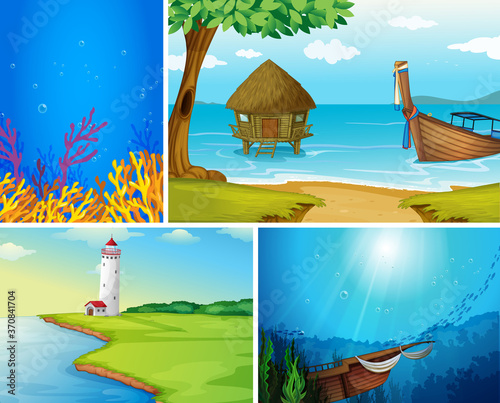 Four different scene of tropical beach and underwater with sea creater cartoo...