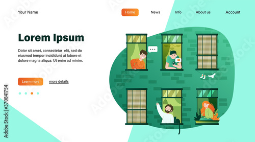 Friendly neighbors looking at windows. Friendship, neighbor, building flat vector illustration. Lifestyle and neighborhood concept for banner, website design or landing web page