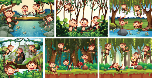 Set of playful monkey in nature background