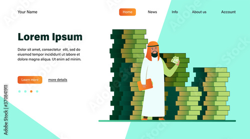Arabic business man. Person in traditional ethnic clothes standing at huge heap of money cash flat vector illustration. Finance, success, capital concept for banner, website design or landing web page