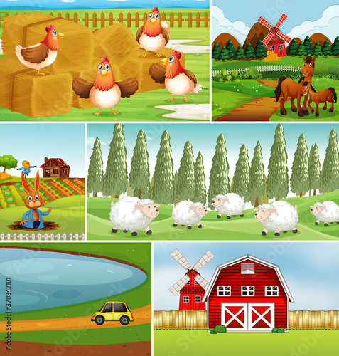 Set of different farm scenes with animal farm cartoon style